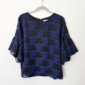 [Finery London] Blue Black Floral Print Round Neck Ruffle Sleeve Blouse Size 14